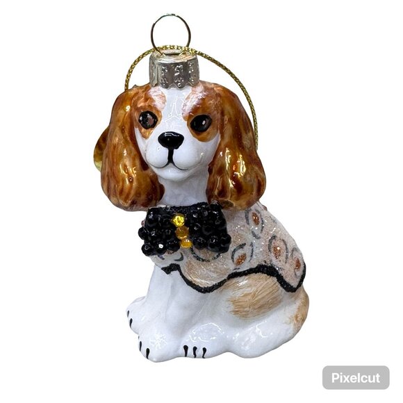 Cody Foster Co Cavalier King Charles Spaniel Glass Ornament Rhinestone Bow Tie - Picture 2 of 5
